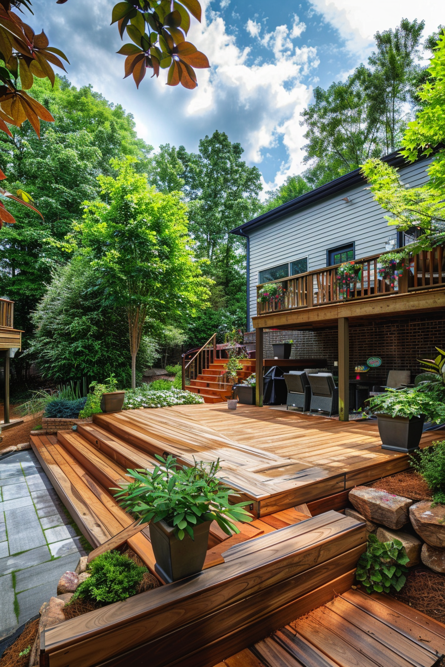 A beautifully landscaped backyard with wooden deck, steps, and lush greenery under a bright blue sky with fluffy clouds.