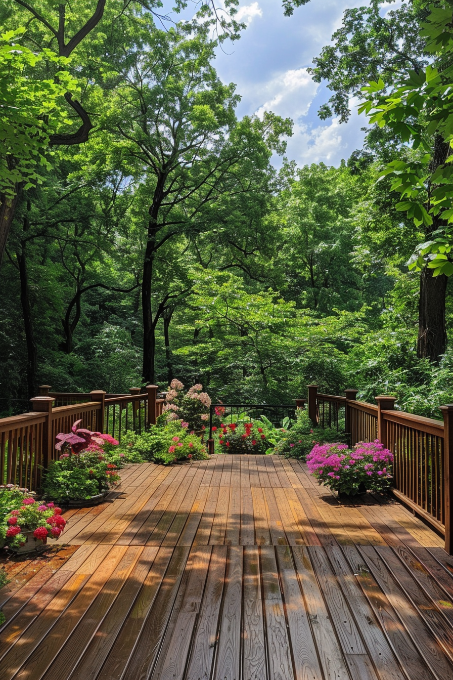 A wooden deck adorned with vibrant flowers overlooking a lush green forest under a sunny sky with scattered clouds.
