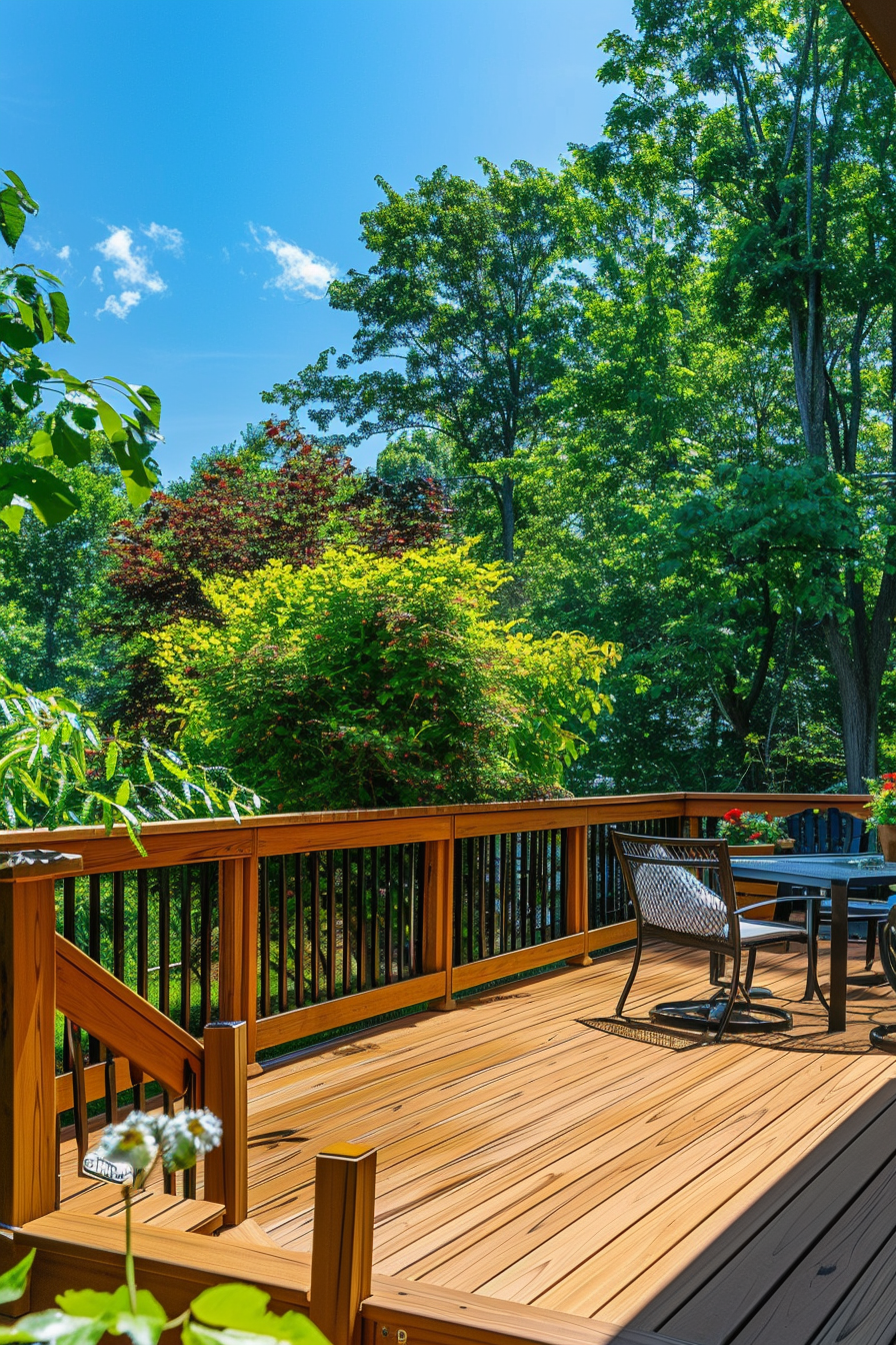 Sunny deck with wooden flooring and railing, surrounded by lush green trees, with outdoor furniture under a clear blue sky.