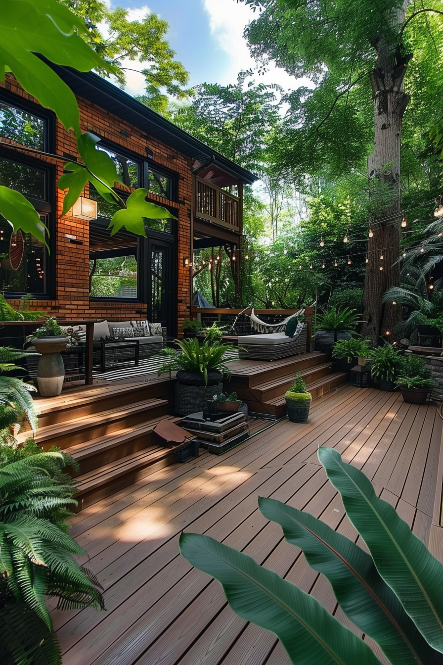 ALT text: Serene outdoor wooden deck of a brick house surrounded by lush greenery with a hammock, sitting area, plants, and string lights.