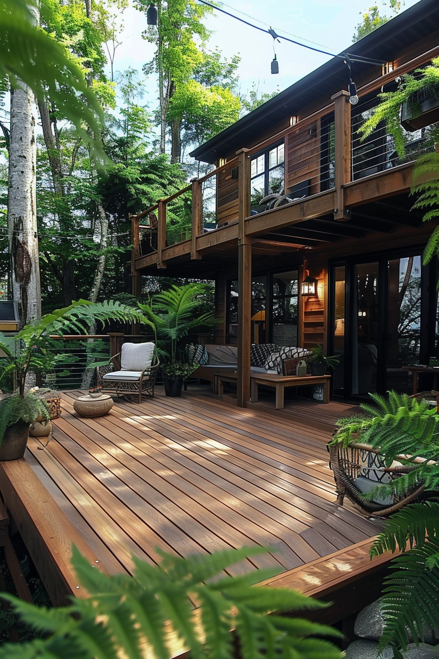 A cozy wooden deck with comfortable seating, potted plants, and string lights, surrounded by lush greenery.