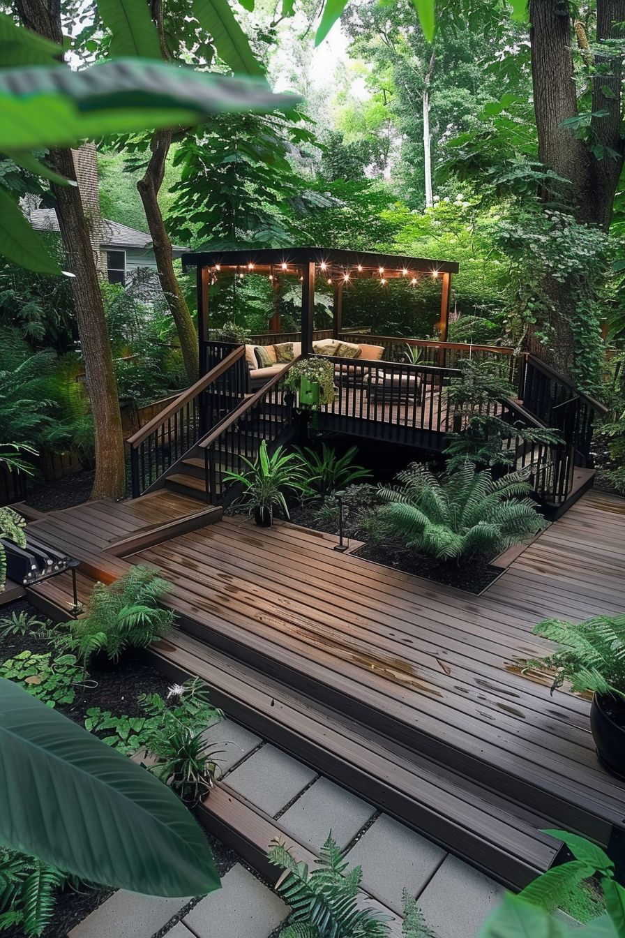 A serene backyard deck surrounded by lush greenery, with a covered seating area and string lights hanging overhead.