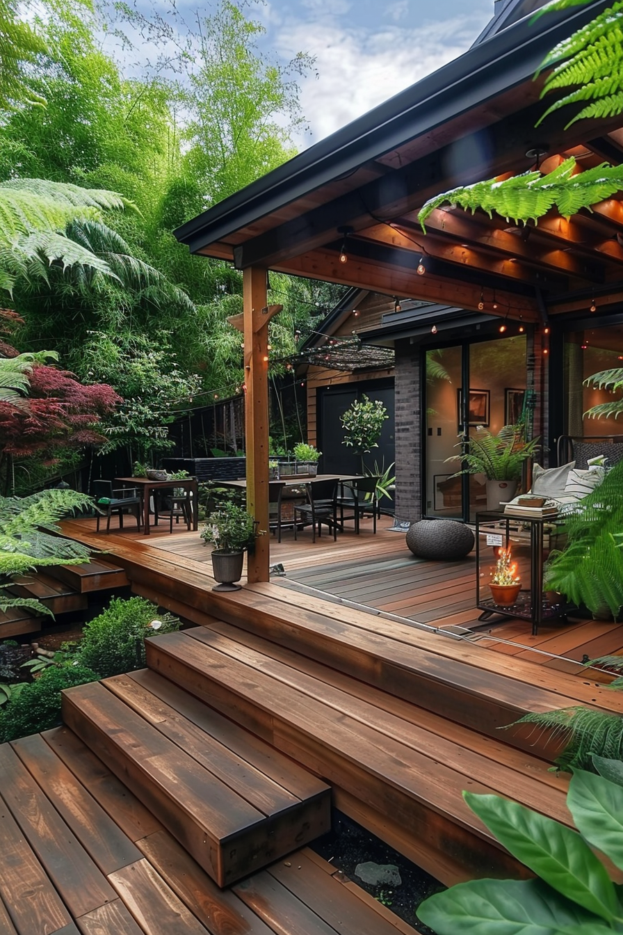 A cozy outdoor wooden deck with seating area, fairy lights, lush greenery, and a small fireplace, adjoining a house.