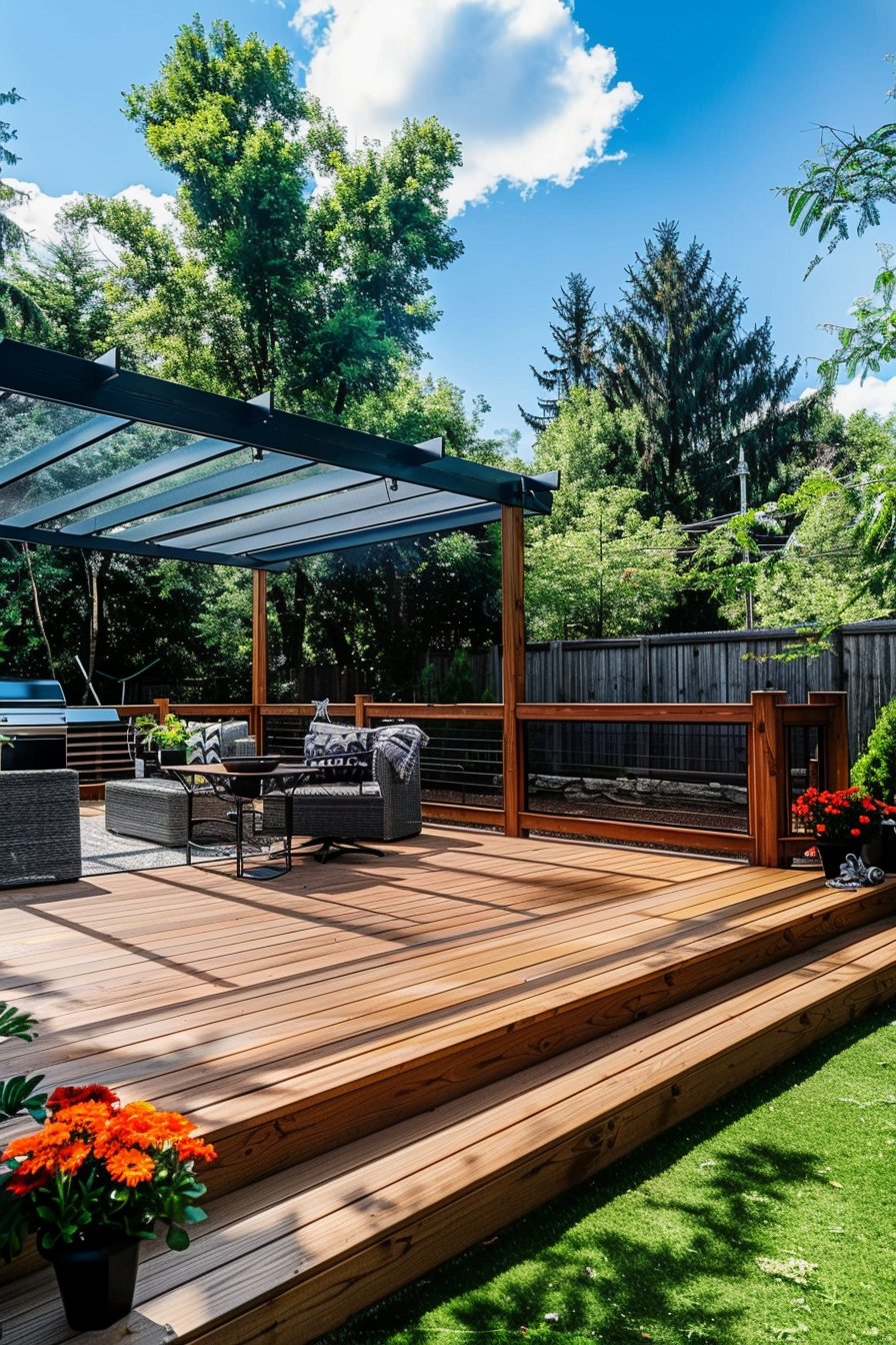 A modern wooden deck with a pergola, outdoor furniture, and potted flowers, enclosed by a fence with greenery in the background.