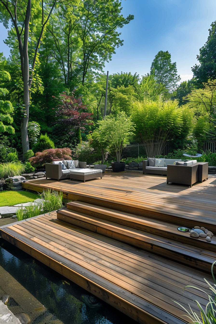 Modern patio furniture on a wooden deck with a pond, surrounded by lush greenery and trees under a blue sky.