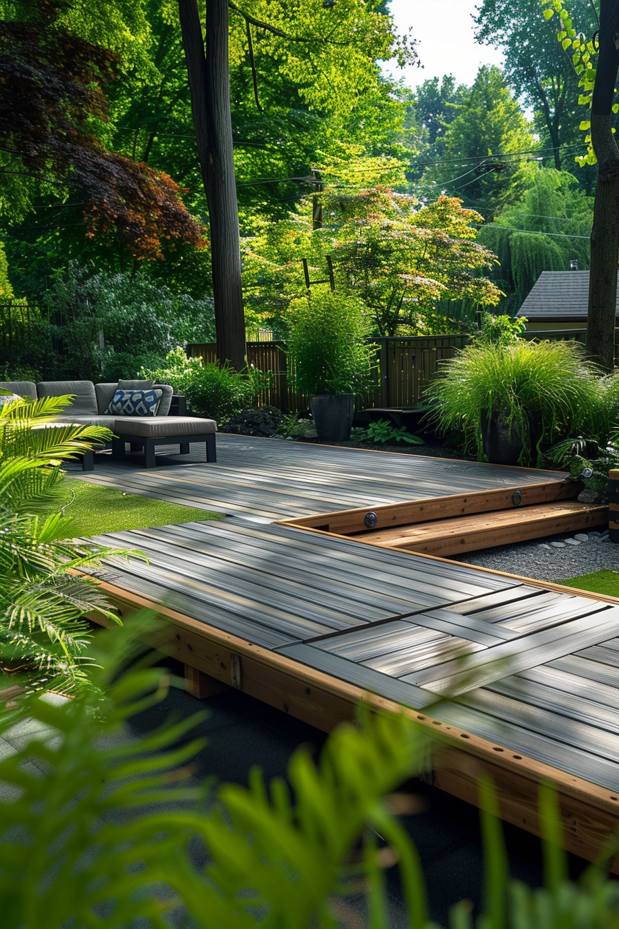 Tranquil backyard garden with a wooden deck leading to a patio area with lush greenery and comfortable outdoor furniture.
