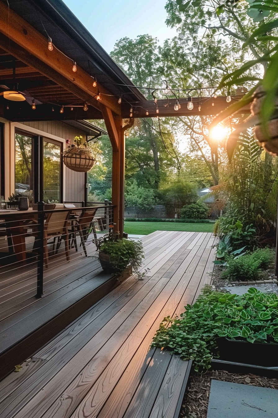 Cozy backyard patio with wooden decking, string lights, and surrounded by lush greenery during sunset.