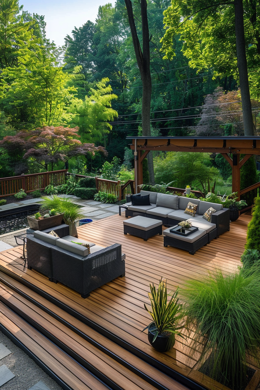 Modern outdoor patio with furniture in a lush garden setting.