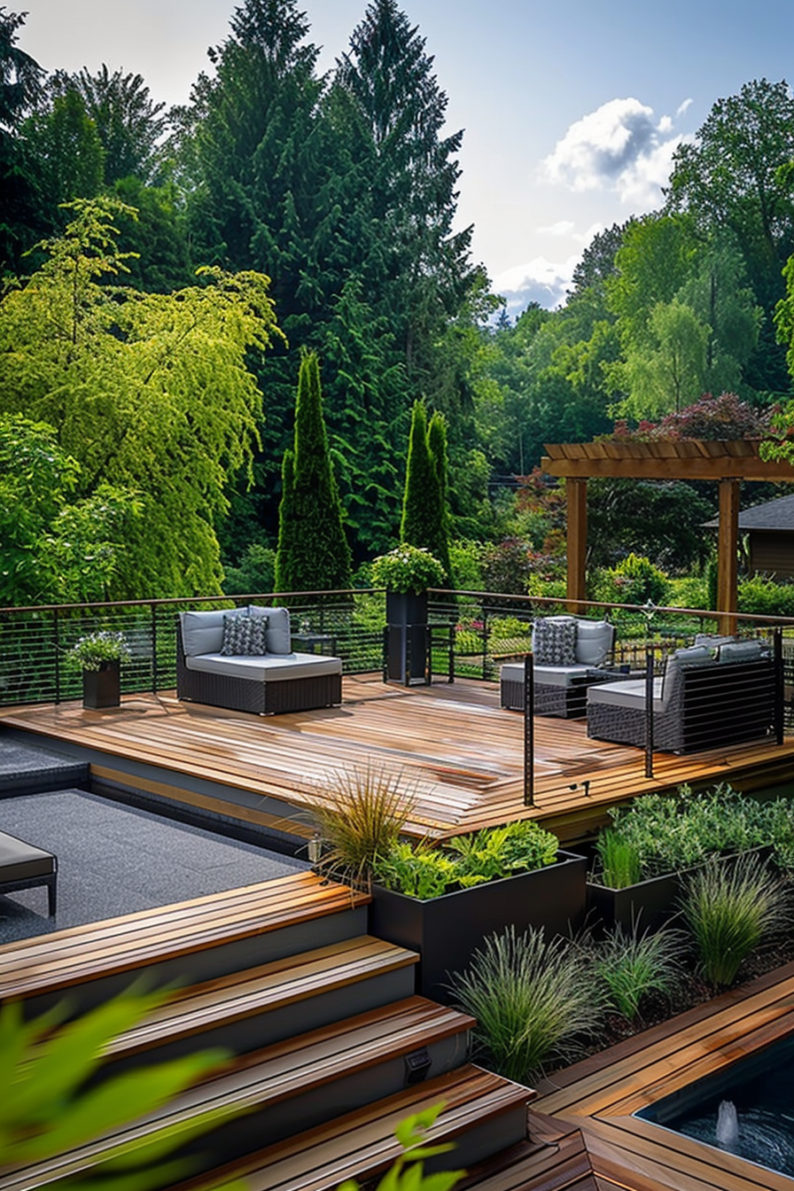 An elegant outdoor deck area with modern furniture, wooden flooring, lush greenery, and a pergola, set against a backdrop of tall trees.