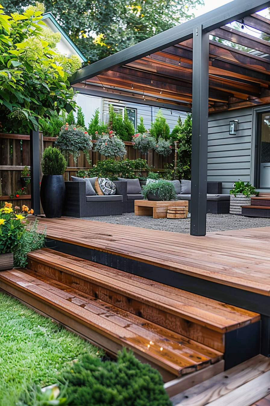 Modern backyard patio with wooden decking, outdoor furniture, and lush greenery under a pergola with string lights.