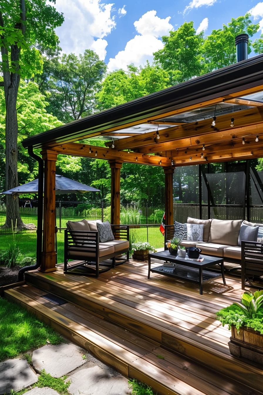 Cozy outdoor patio with wooden pergola, comfortable seating, and green lawn on a sunny day.