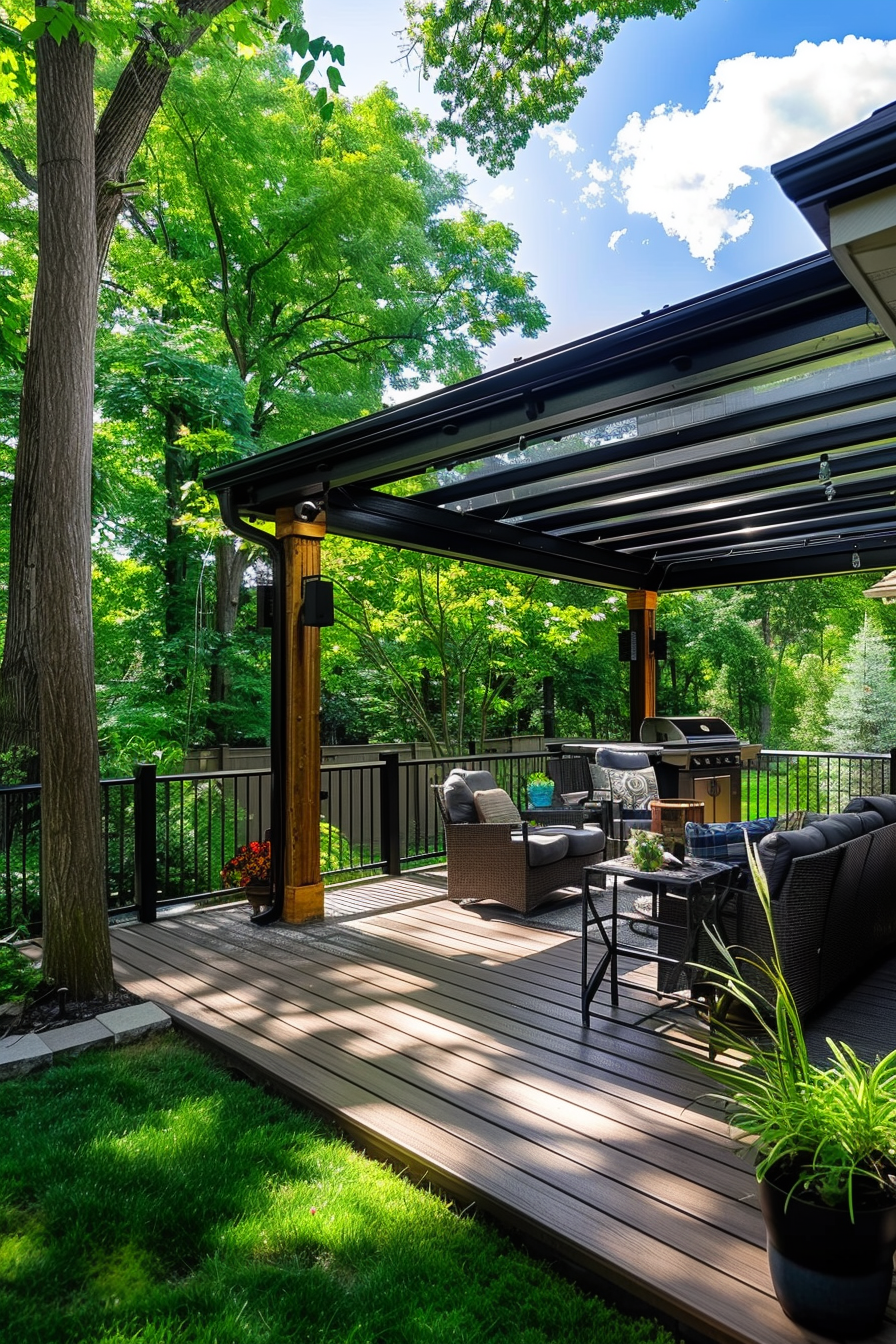 A modern outdoor deck with comfortable furniture under a pergola, surrounded by lush greenery on a sunny day.