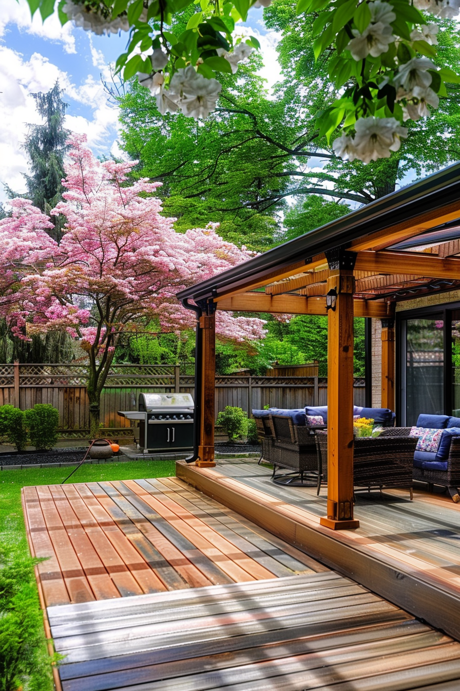 Wooden deck with outdoor furniture in a garden, cherry blossom tree in bloom, and a grill, with lush greenery in the background.