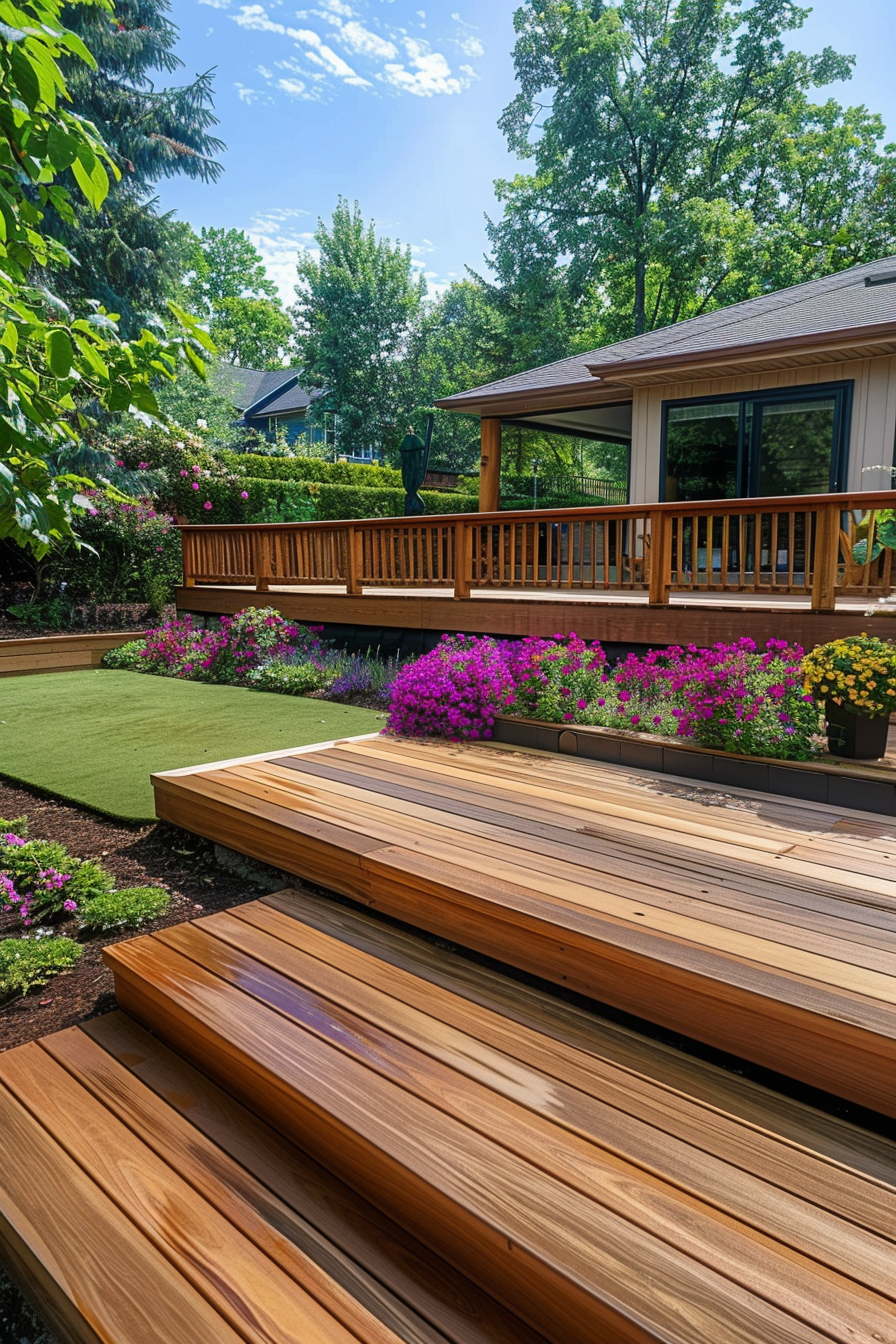 Wooden backyard deck with steps, railing, and vibrant flower beds against a backdrop of trees and a clear sky.