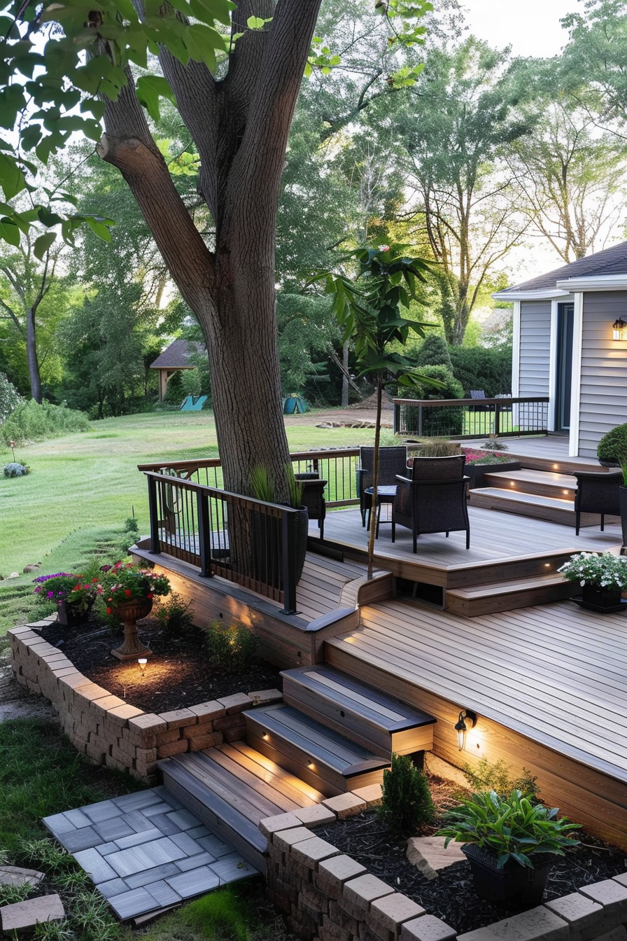 Elegant multi-level wooden deck with built-in lighting, surrounded by lush greenery and a large tree, adjacent to a residential home.