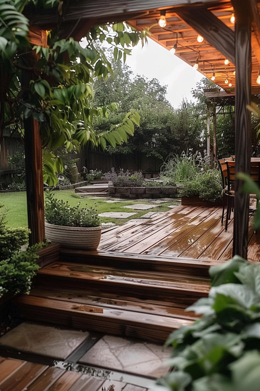 Cozy wooden patio with hanging lights leading to a lush garden with stepping stones and greenery after rain.