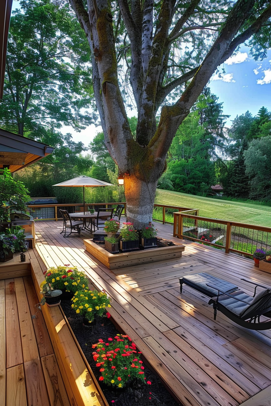 ALT: A serene wooden deck with a large tree growing through it, featuring a table, chairs, and colorful potted flowers, surrounded by a lush green lawn.