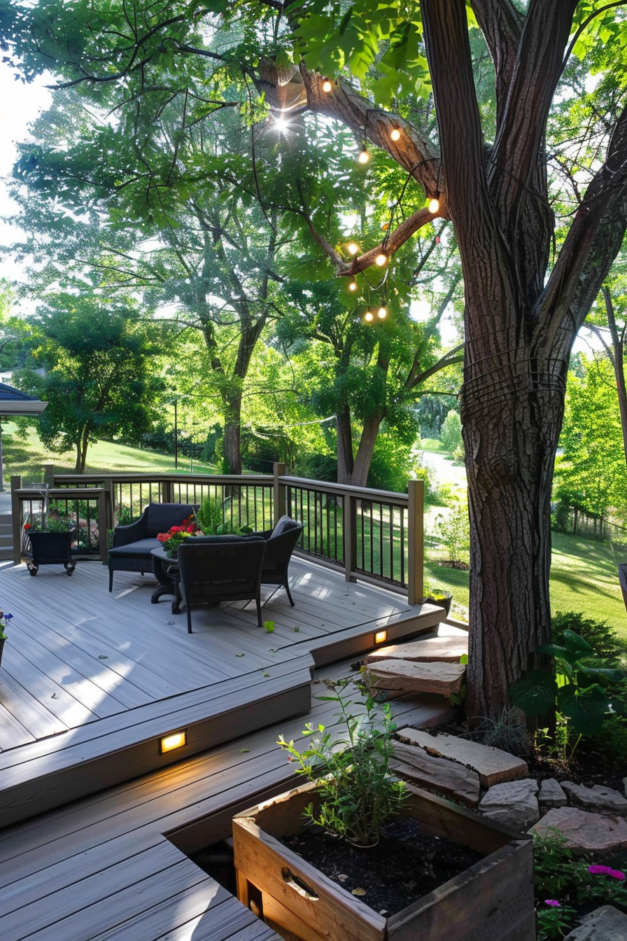 A cozy backyard deck with seating, string lights in a tree, and lush greenery in the sunlight.
