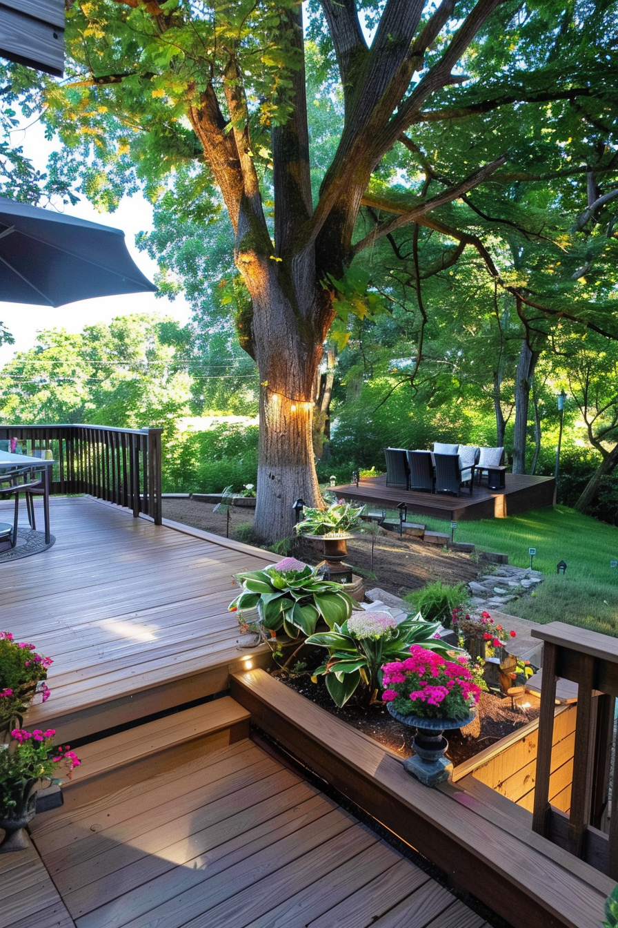 A serene wooden deck with stairs, vibrant flowers, potted plants, and a large tree, bathed in golden sunlight.
