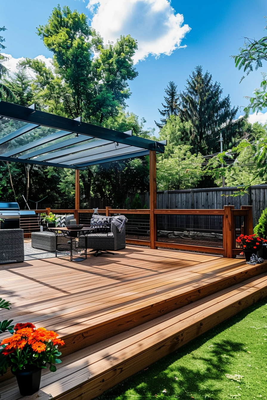 ALT text: A modern outdoor wooden deck with a pergola, patio furniture, potted flowers, and surrounded by lush green trees under a blue sky.