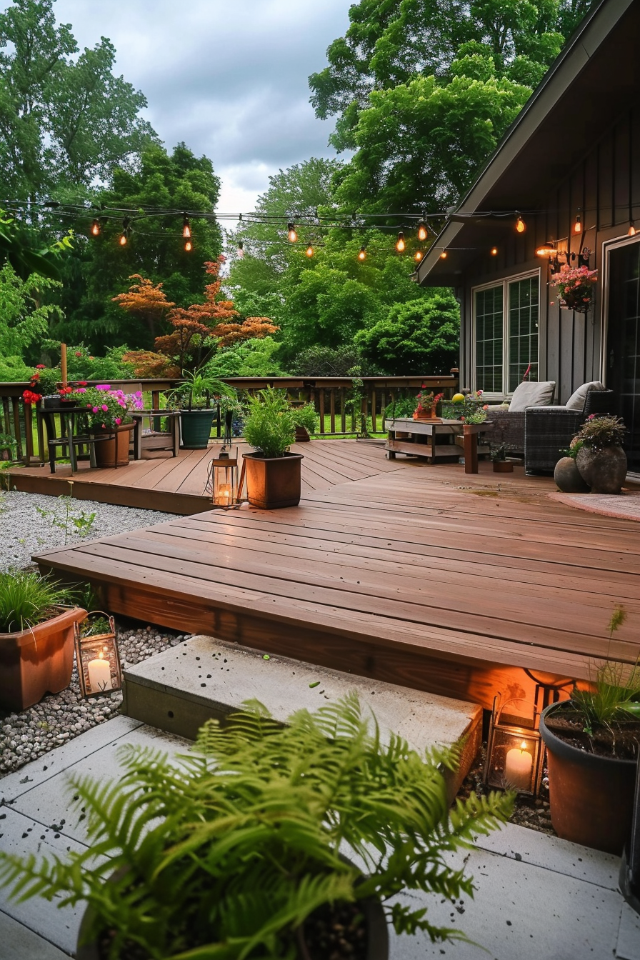 A cozy backyard deck with string lights, furnished with comfy seating, surrounded by lush greenery and vibrant potted plants.