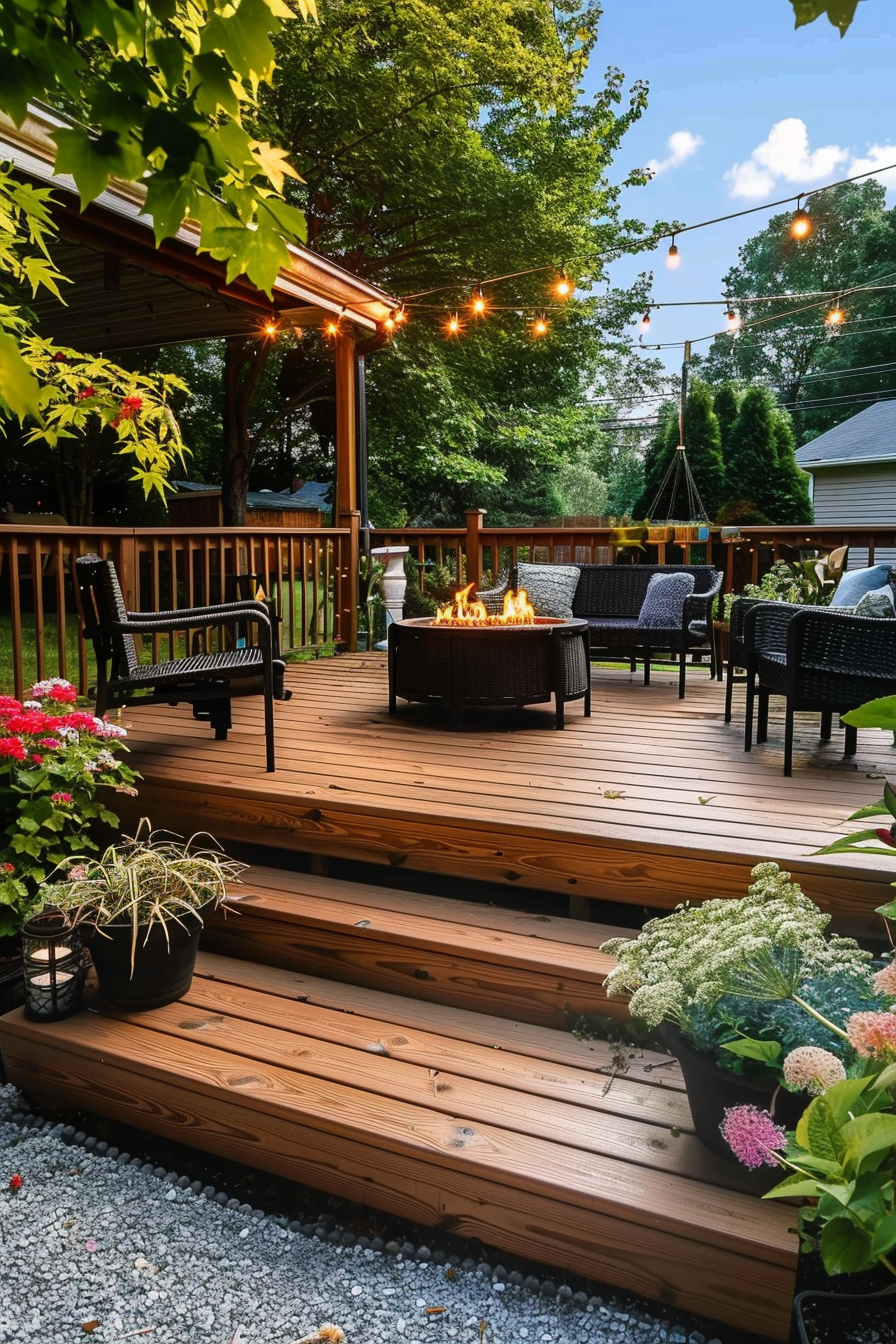 Cozy backyard wooden deck with string lights, fire pit, seating area, and surrounding greenery.