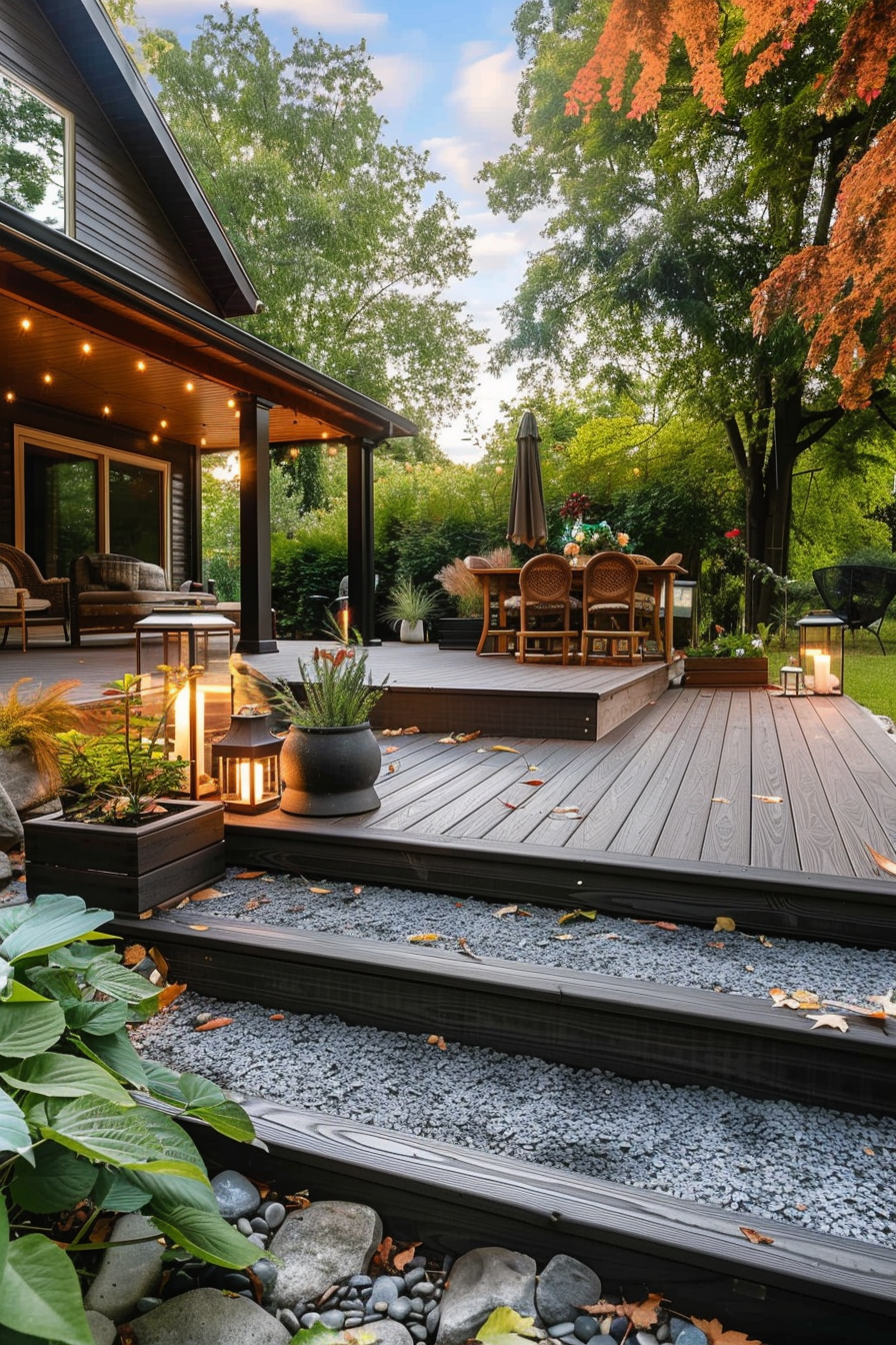 Spacious wooden deck with outdoor furniture and string lights in a lush backyard during evening.