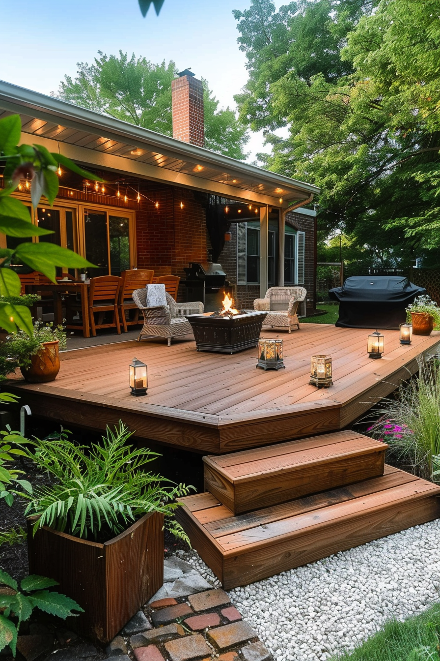 Cozy backyard wooden deck with furniture, fire pit, string lights, and lush greenery at dusk.