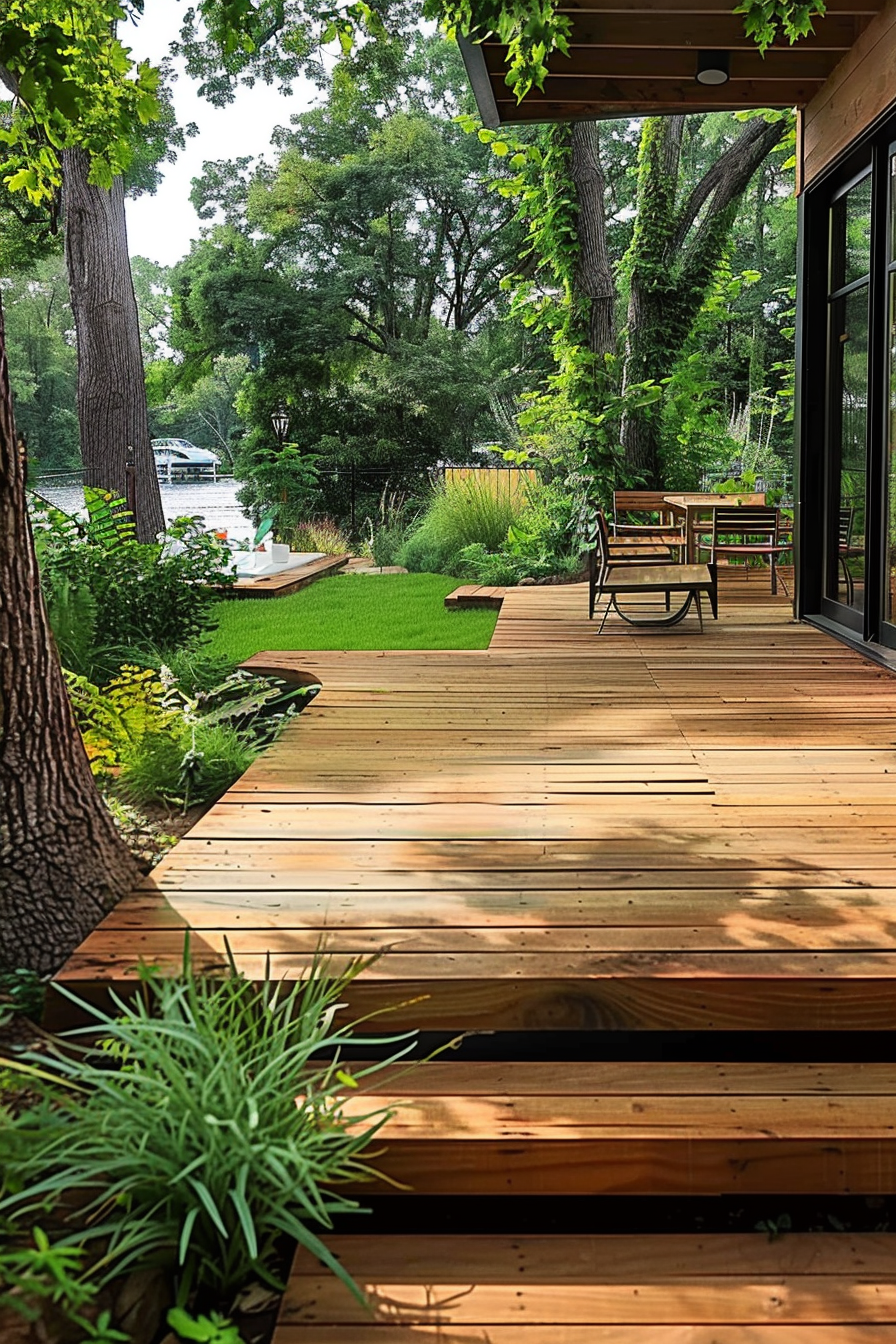 ALT: Wooden deck leading to a garden with a seating area, overlooking lush greenery and a glimpse of a river with a boat dock in the background.
