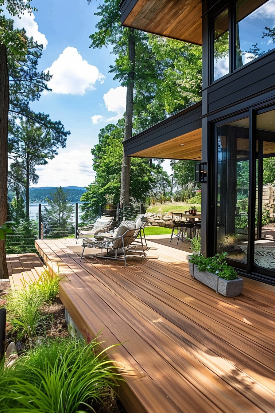 A modern lakeside deck with comfortable chairs, overlooking a scenic view surrounded by lush trees under a clear sky.