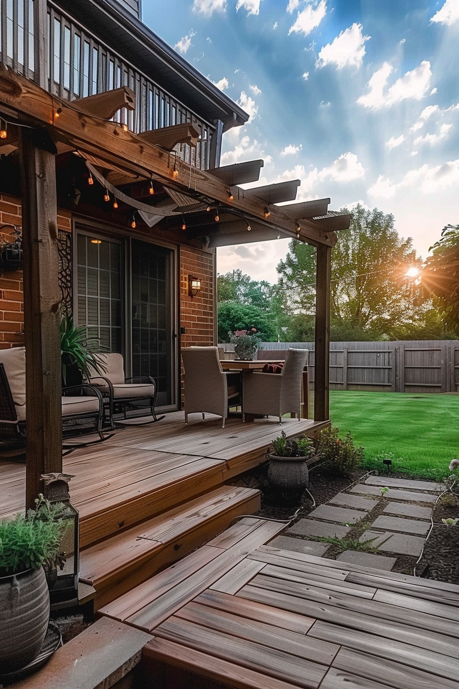 Cozy backyard patio with wooden decking, furniture, and string lights, sun setting in the background.