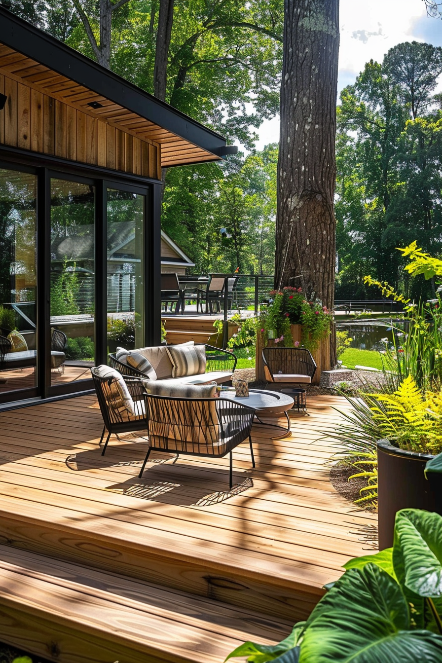 Wooden deck patio with modern outdoor furniture, lush greenery, and overhead shelter, surrounded by tall trees on a sunny day.