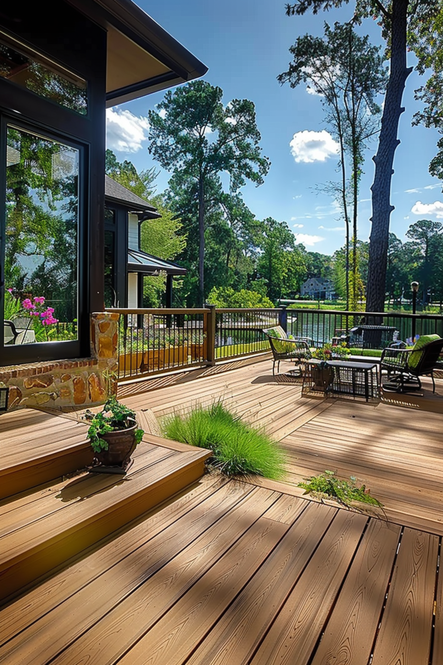A sunny wooden deck with patio furniture overlooking tall pine trees and a landscaped yard.