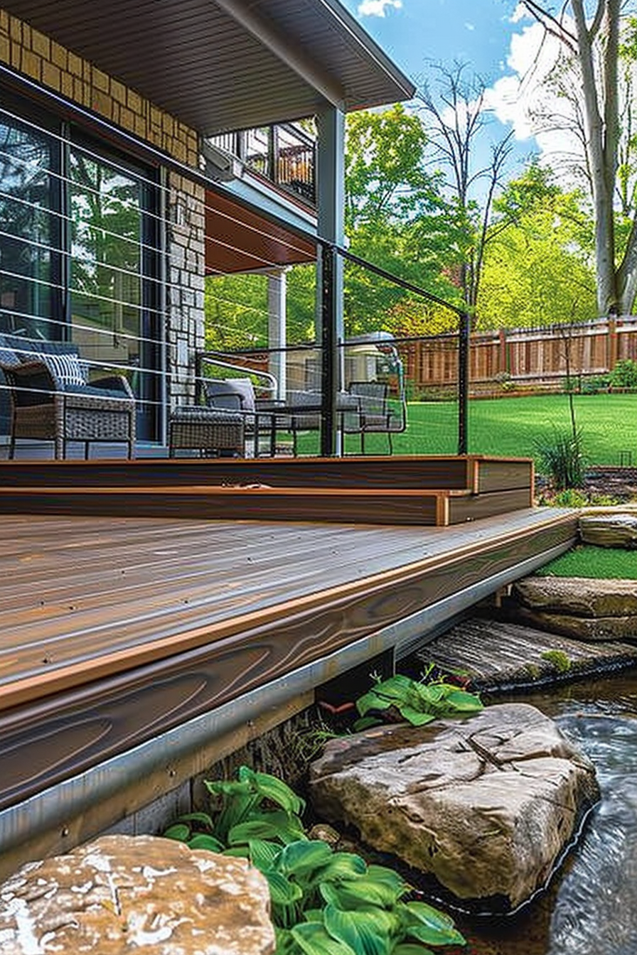 A modern house with a multi-level wooden deck overlooking a landscaped garden with a small stream and rocks.