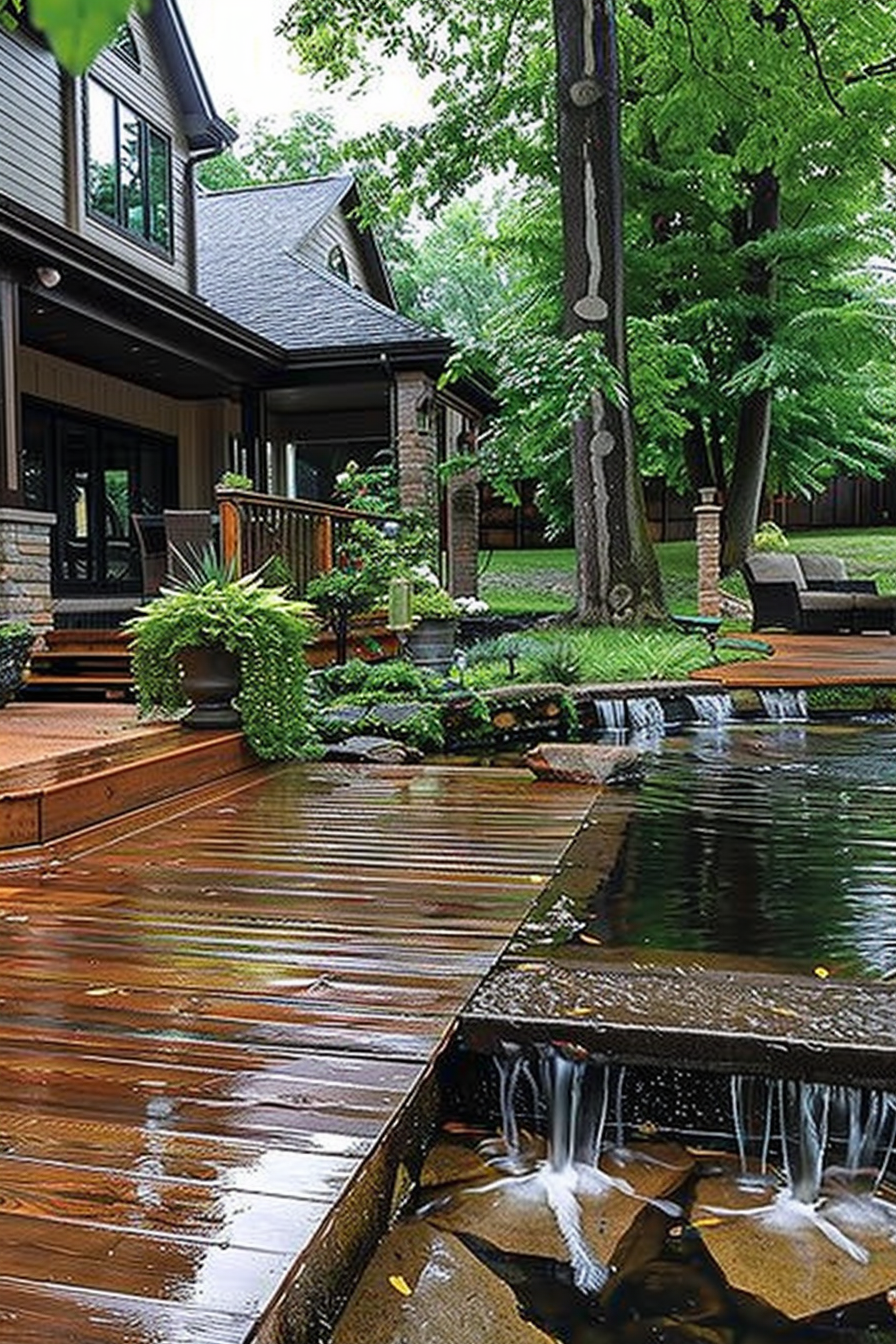 Wooden deck with built-in pond and waterfall feature next to a house, surrounded by lush green trees.
