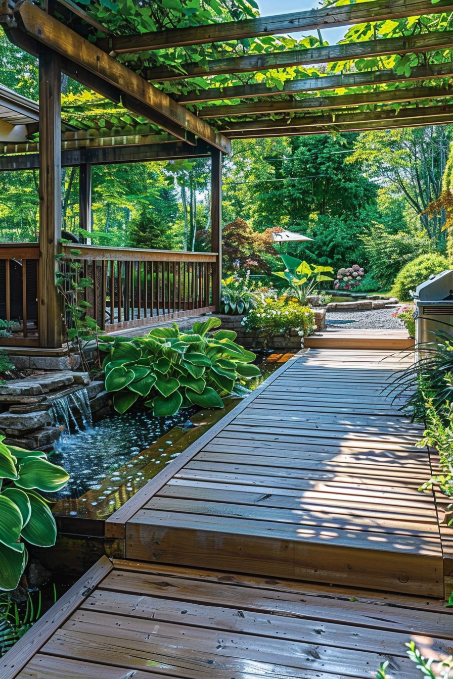 Wooden walkway with a pergola, green foliage, and a small waterfall in a lush garden setting.