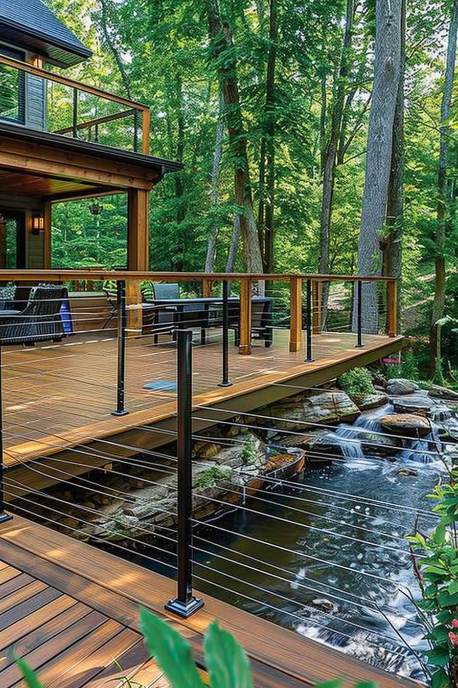 Wooden deck with glass and metal railing overlooking a man-made stream and waterfall, surrounded by lush forest.