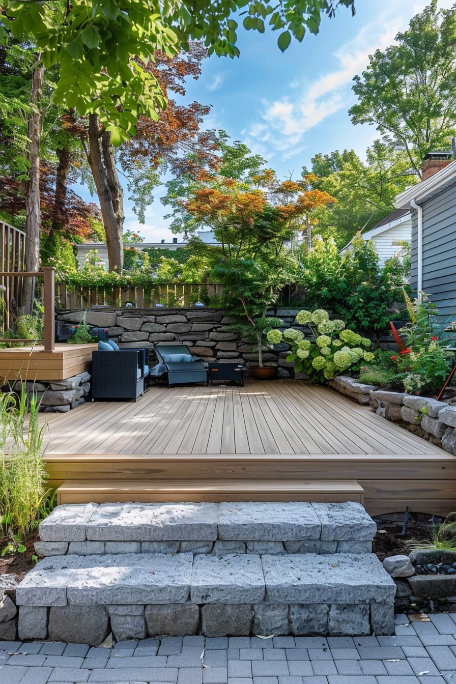 Wooden deck with stone steps leading to a cozy backyard garden with seating area, lush trees, and blue sky above.