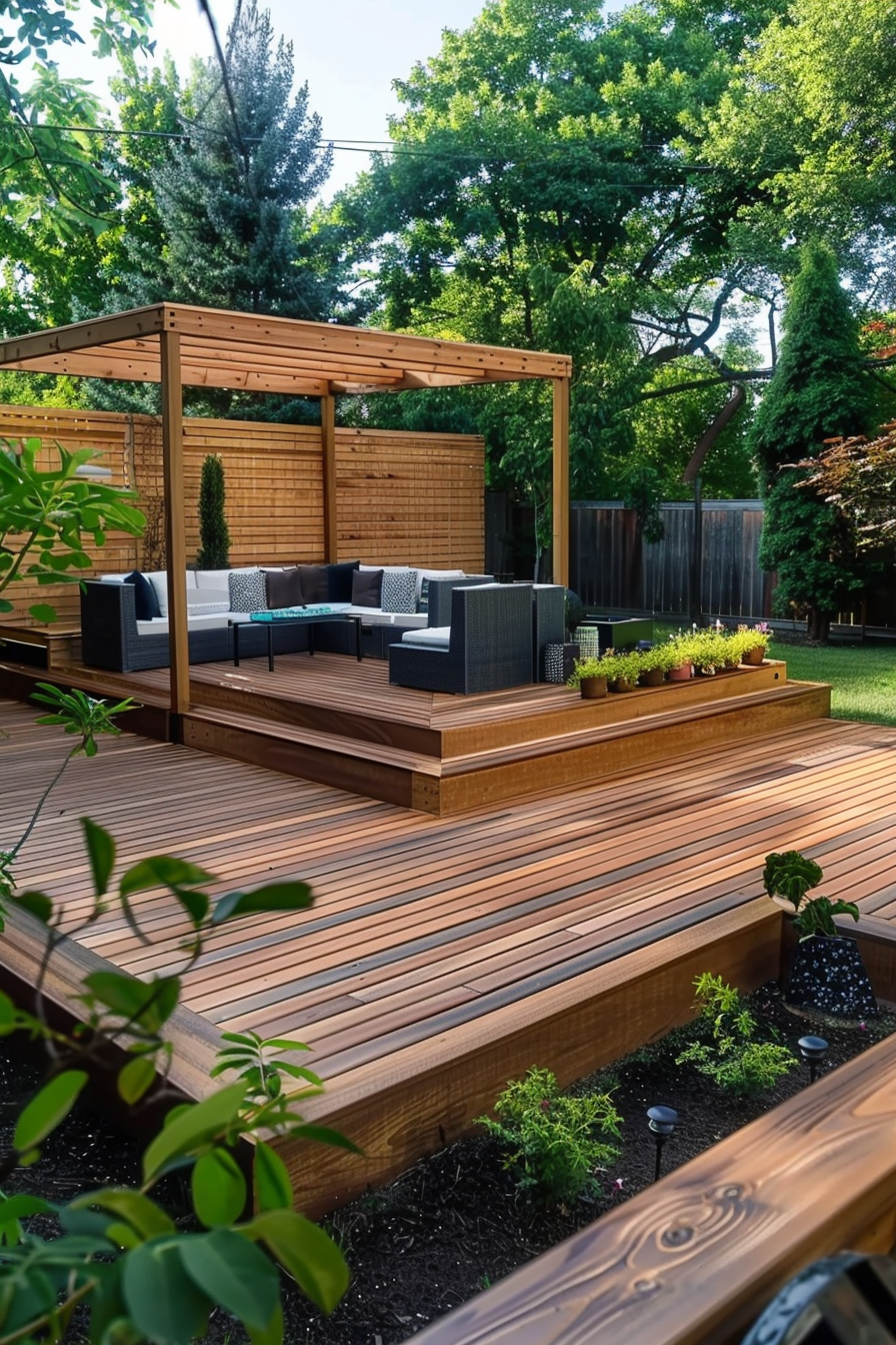 A modern wooden deck with a pergola and outdoor furniture set amid a green garden with trees and shrubs.