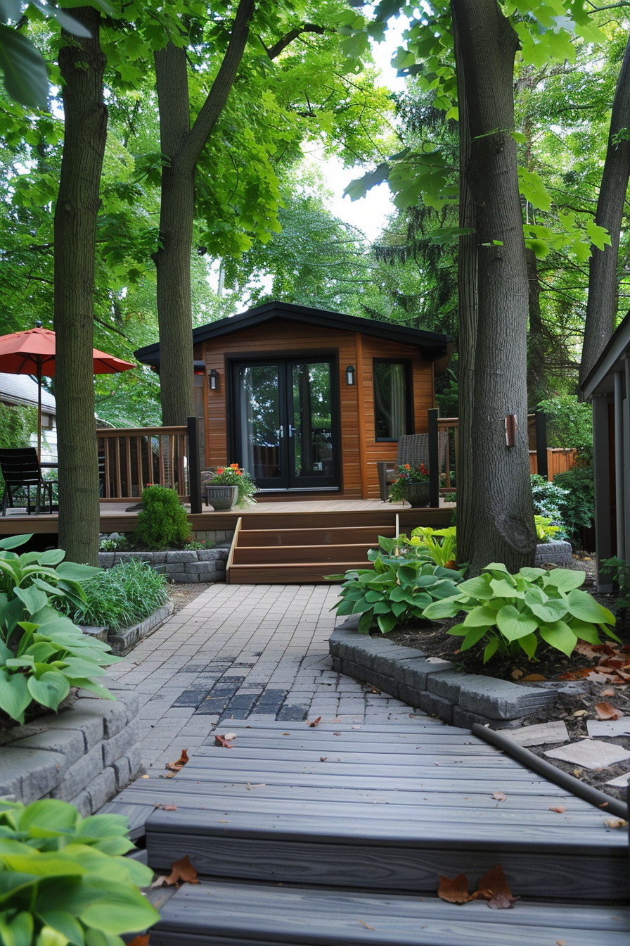 A wooden cabin with large windows nestled among green trees, featuring a raised deck, stone path, and lush plantings.