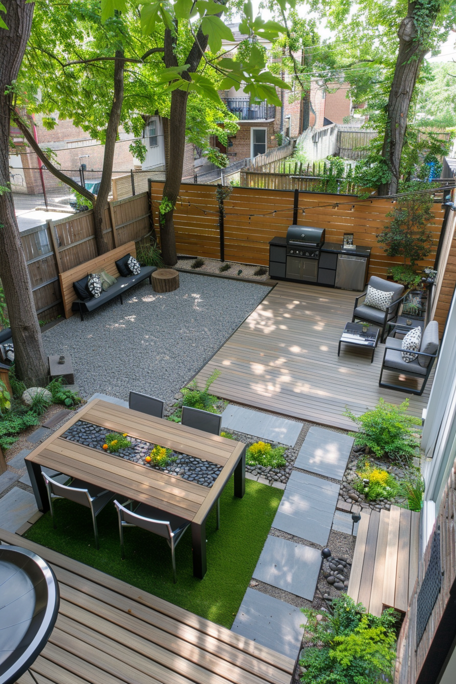 A modern backyard garden with wooden deck, outdoor furniture, stone pathways, greenery, and a BBQ grill.