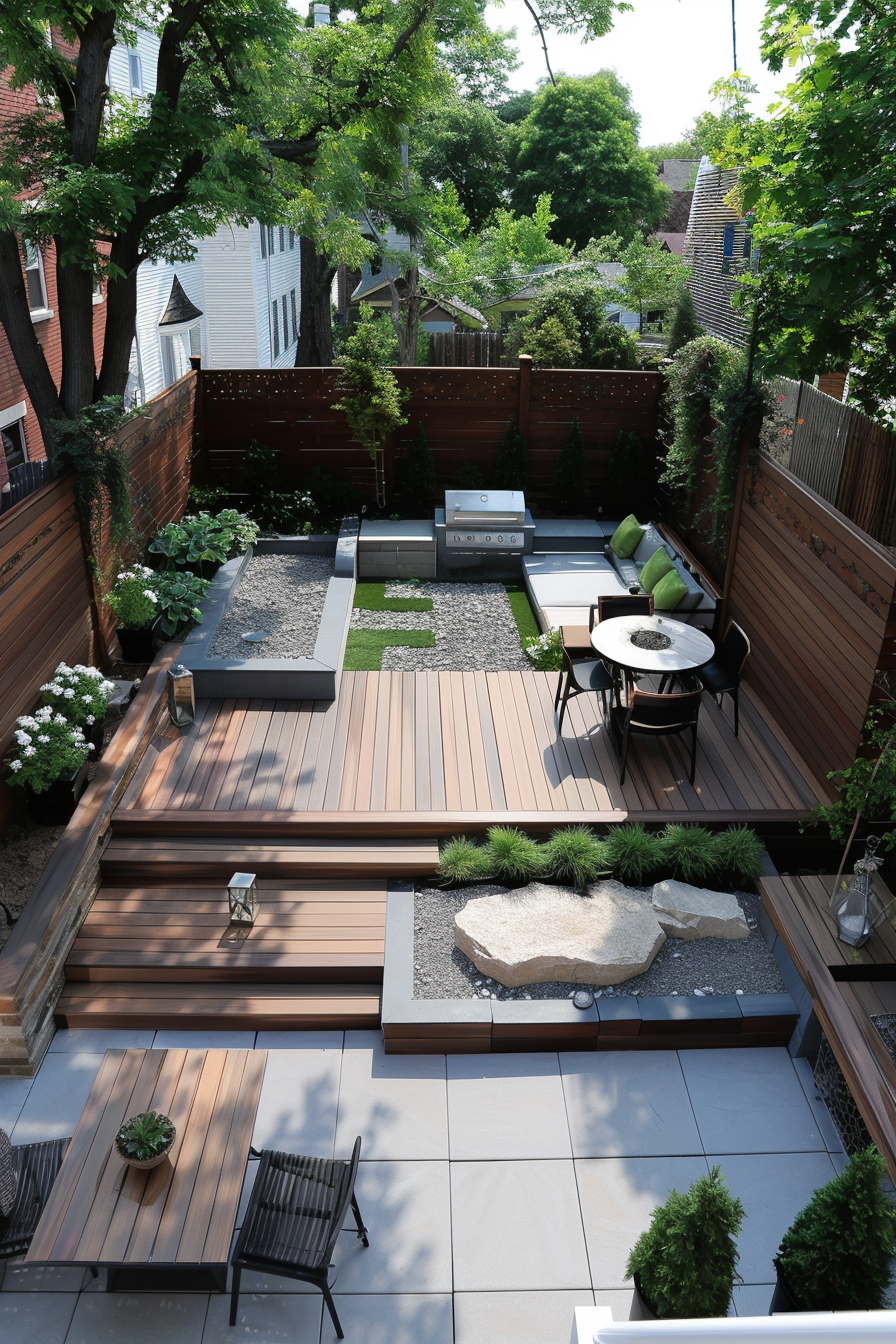 An elevated view of a modern backyard with wooden decking, a seating area, a grill, and landscaped greenery.