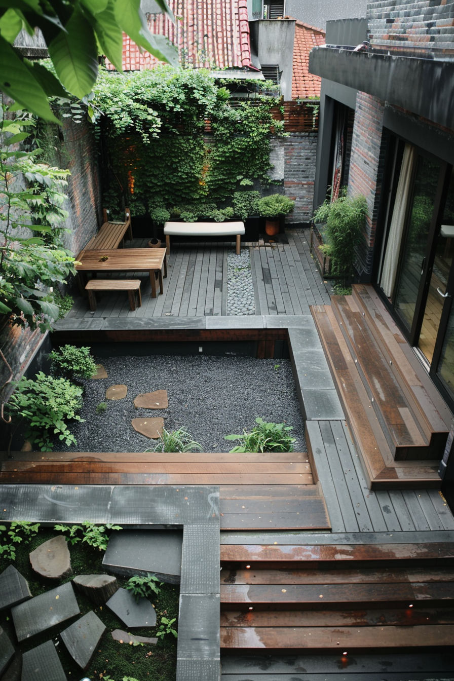 Cozy urban backyard with wooden deck, pebble garden, outdoor furniture, and lush greenery on brick walls.