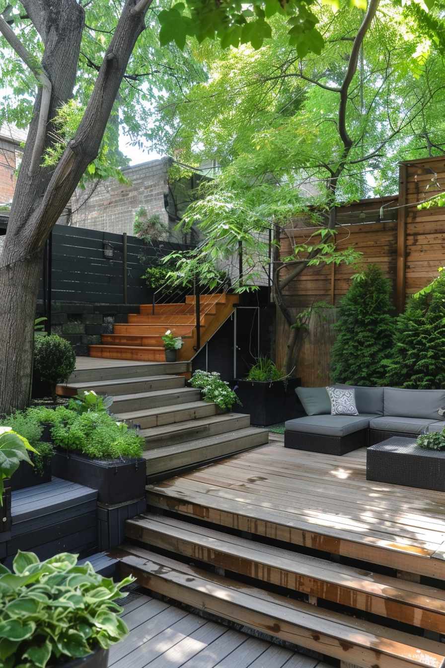 Modern urban backyard with wooden deck, steps, seating area, and lush greenery.