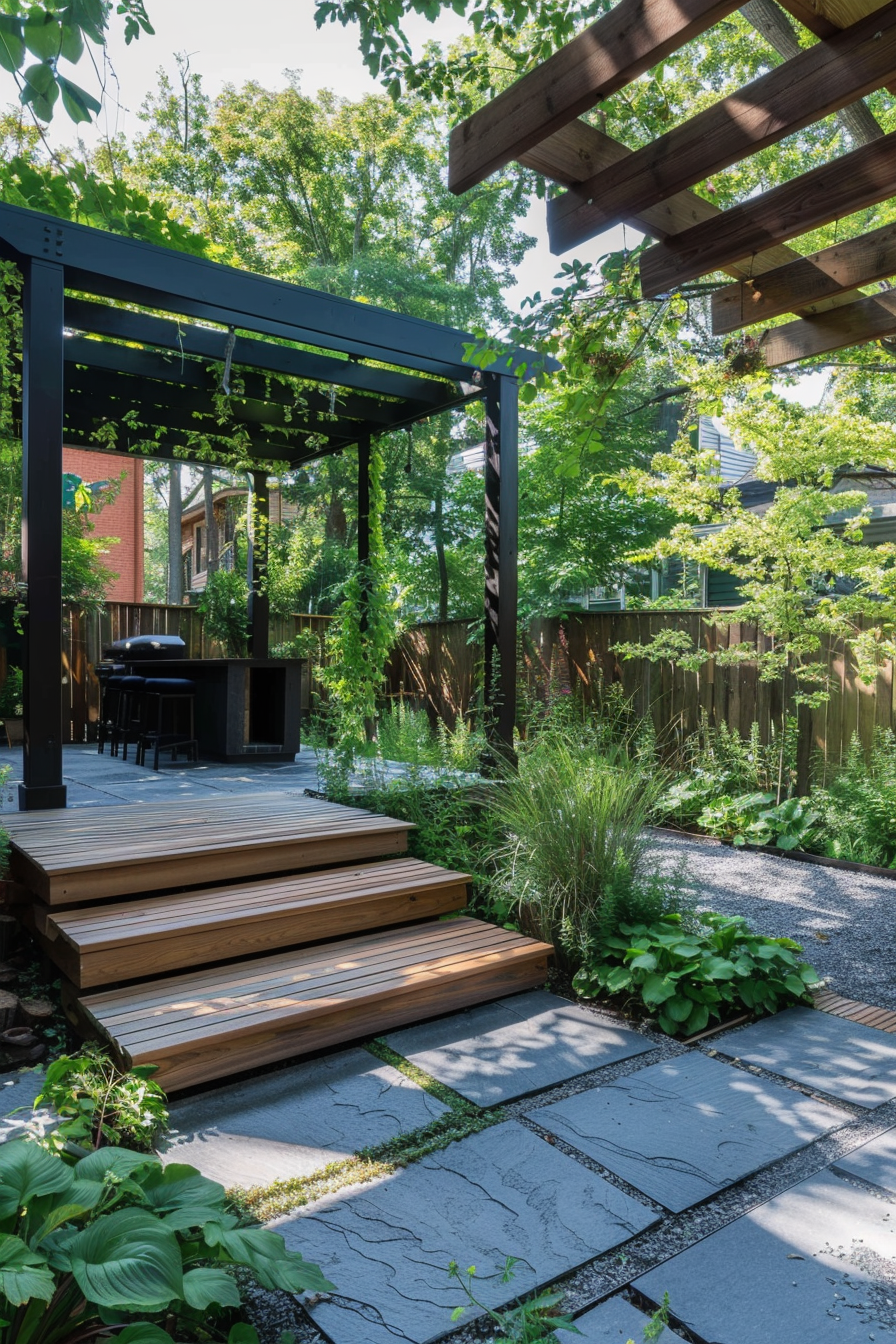 A serene backyard garden with wooden steps leading to a modern pergola, lush greenery, and an outdoor dining area.