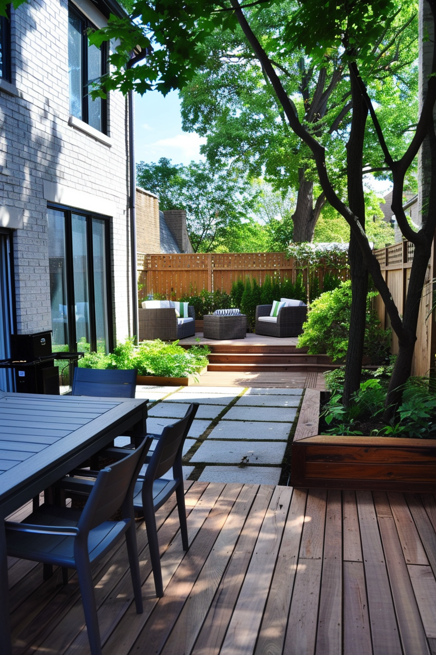 A modern backyard patio with wooden decking, a dining area, and a lounge set surrounded by greenery and trees.