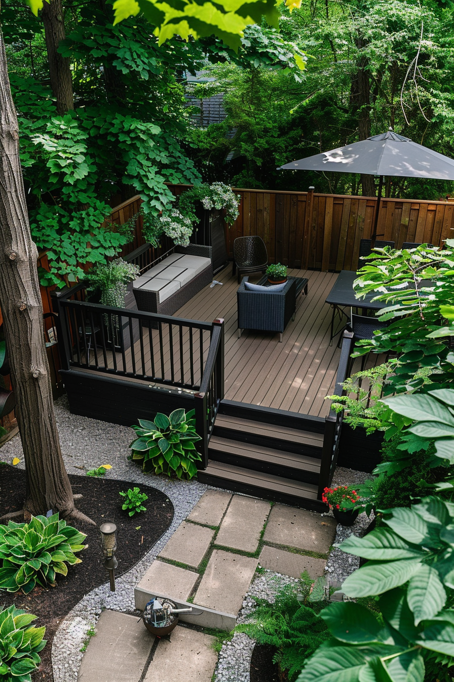 A tranquil backyard patio with modern furniture, a large umbrella, wooden fencing, and lush greenery.