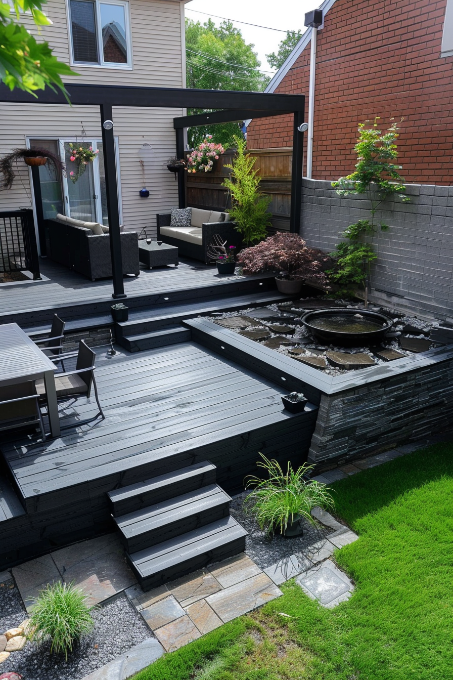 A modern backyard patio with multilevel decking, outdoor furniture, greenery, and a small water feature.