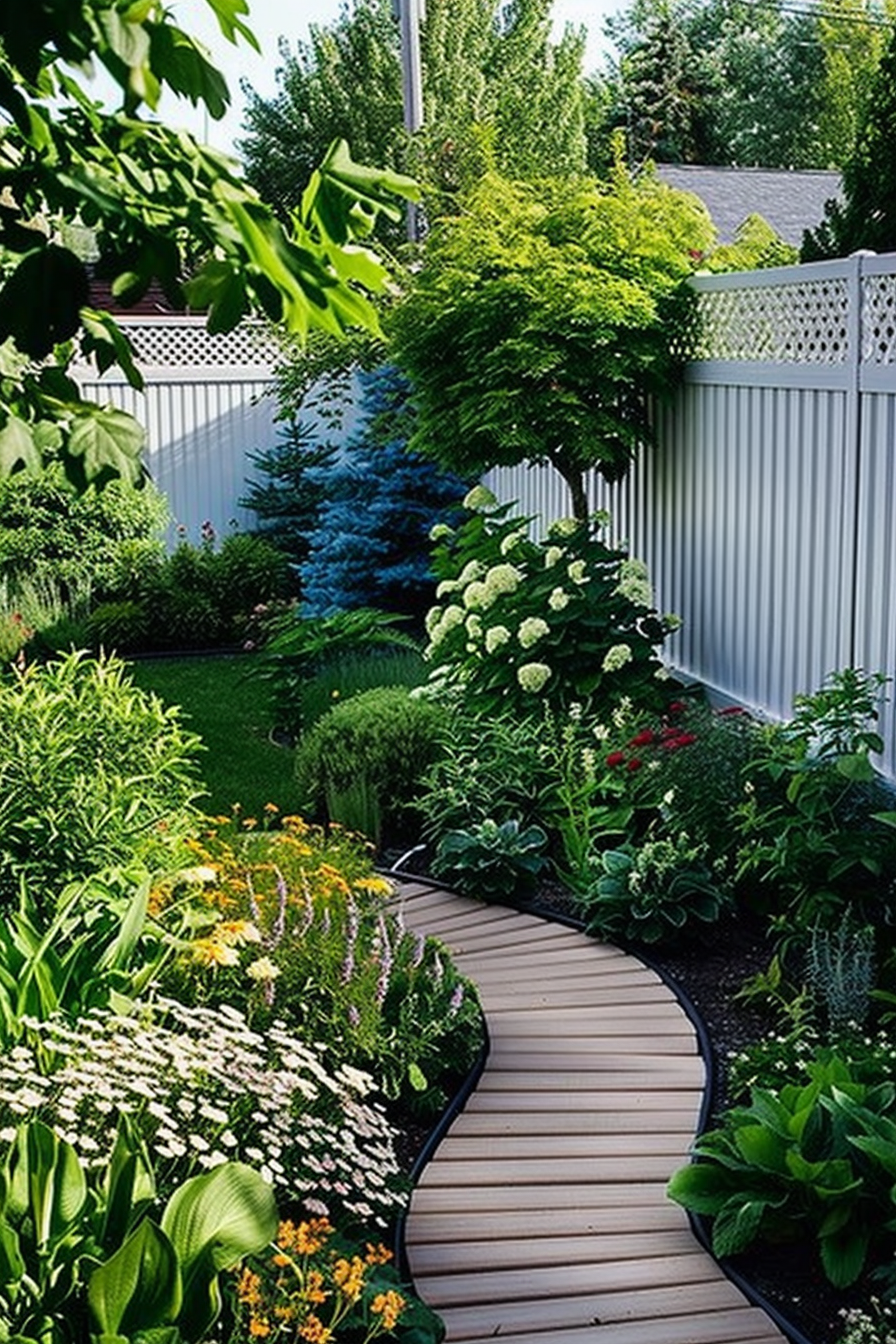Curved wooden pathway through a vibrant garden with assorted flowers, shrubs, and a white fence.