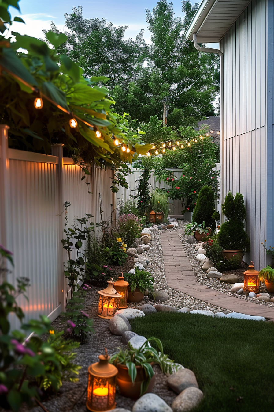 A tranquil garden pathway lined with stones, surrounded by lush plants, and illuminated by string lights and lanterns at dusk.